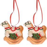 Kersthanger hobbelpaard - 2x - rood - 8 cm - keramiek - kerstornament - kerstboomversiering