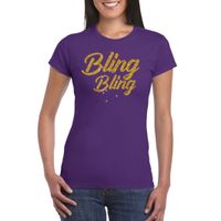 Glitter glamour feest t-shirt dames - bling bling goud - paars - feestkleding