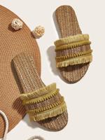 Bohemia Furry Ball Fringe Straw Flat Slide Sandals - thumbnail