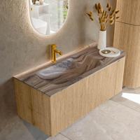 Badmeubel Mondiaz Kurve-Dlux | 115 cm | Meubelkleur Oak | Wastafelkleur Sombra | Solid surface | Wasbak linker zijde spoelbak | 1 kraangat