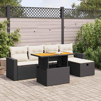 6-delige Loungeset met kussens poly rattan acacia zwart