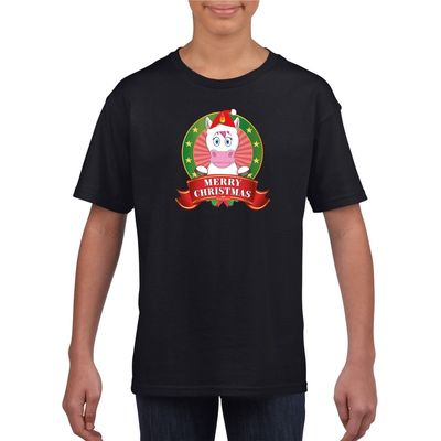 Zwart Kerst t-shirt voor kinderen met een eenhoorn Zwart Kerst t-shirt voor kinderen met een eenhoorn