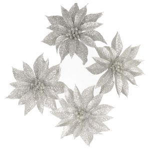 4x stuks glitter decoratie bloemen op clip zilver 9.5 cm