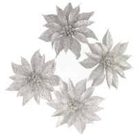 4x stuks glitter decoratie bloemen op clip zilver 9.5 cm - thumbnail