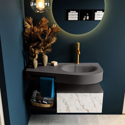 MONDIAZ RIVA 100cm badmeubel onderkast / planchet kleur carrara met 1 lade. Wastafel DULCET rechts 1 kraangat kleur Dark_Grey. MONDIAZ RIVA 100cm badmeubel onderkast / planchet kleur carrara met 1 lade. Wastafel DULCET rechts 1 kraangat kleur Dark_Grey.