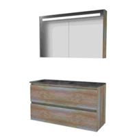 Basic-Line Premium 46 Badkamermeubelset - 120 x 46 cm - Greeploos - 2 Lades - Hardstenen Wastafel - Zonder Kraangat - Spiegelkast met LED Verlichting - Scotch Oak