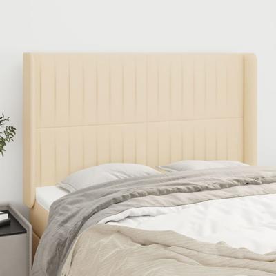Hoofdbord met randen 147x16x118/128 cm stof crèmekleurig