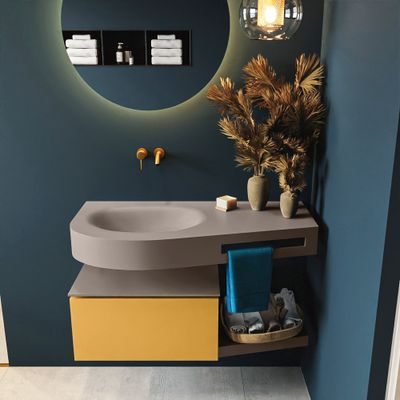 MONDIAZ RIVA 100cm badmeubel onderkast / planchet kleur Ocher met 1 lade. Wastafel DULCET links 0 kraangaten kleur Smoke. MONDIAZ RIVA 100cm badmeubel onderkast / planchet kleur Ocher met 1 lade. Wastafel DULCET links 0 kraangaten kleur Smoke.