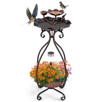 Vogelbad met Zonnepaneel Vogelvoederautomaat Bloempot met Decoratieve Lotus en Bladeren in Brons