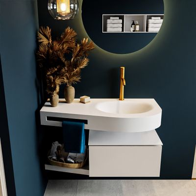 MONDIAZ RIVA 100cm badmeubel onderkast / planchet kleur Linen met 1 lade. Wastafel DULCET rechts 1 kraangat kleur Talc.