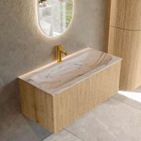 Badmeubel Mondiaz Kurve-Dlux | 100 cm | Meubelkleur Oak | Wastafelkleur Nata | Solid surface | Wasbak midden spoelbak | 1 kraangat