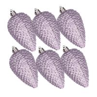 Kerstornamenten kunststof dennenappels 6x stuks lila paars glitter 8 cm