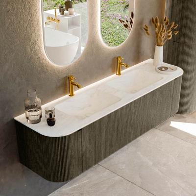 Badmeubel Mondiaz Kurve-Dlux | 170 cm cm | Meubelkleur Shadow | Wastafelkleur Opalo | Solid surface | Wasbak beiden zijden spoelbak | 2 kraangaten