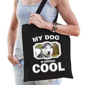 Katoenen tasje my dog is serious cool zwart - Husky honden cadeau tas
