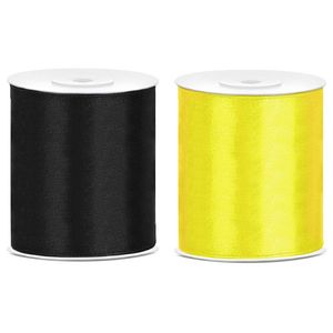 2x rollen hobby decoratie satijnlint zwart-geel 10 cm x 25 meter - Cadeaulinten