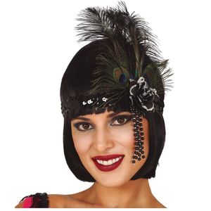 Charleston luxe hoofdband - met pauwen veren en kraaltjes - zwart - dames - jaren 20 thema