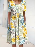 Vacation Floral Regular Fit Cotton Blends Short Sleeve Knit Dress - thumbnail
