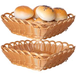 Brood/fruit mandje - 2x - gevlochten kunststof - lichtbruin - vierkant - L29 x B29 x H9 cm - broodma