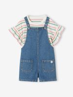 Denim meisjesset met T-shirt + tuinbroek stone - thumbnail