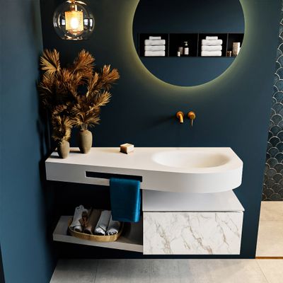 MONDIAZ RIVA 120cm badmeubel onderkast / planchet kleur carrara met 1 lade. Wastafel DULCET rechts 0 kraangaten kleur Talc. MONDIAZ RIVA 120cm badmeubel onderkast / planchet kleur carrara met 1 lade. Wastafel DULCET rechts 0 kraangaten kleur Talc.