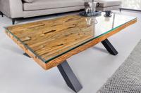 Massieve salontafel BARRACUDA 110cm antiek naturel teakhout X-frame glazen blad - 6045679