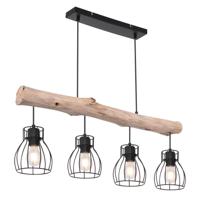 Globo Landelijke hanglamp Mina zwart met hout 4-lichts 15326-4N