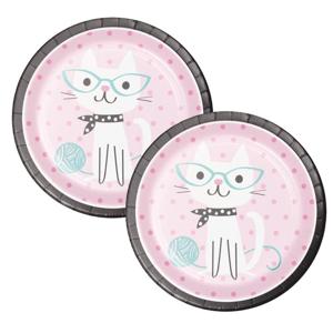 Katten/poezen thema gebek/ontbijt bordjes - 8x stuks - D23 cm - wegwerpbordjes van karton