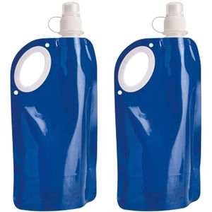 Waterfles/drinkfles opvouwbaar - 2x - blauw - kunststof - 770 ml - schroefdop - waterzak