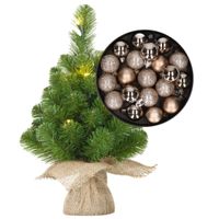 Mini kerstboom/kunstboom met verlichting 45 cm en inclusief kerstballen champagne - thumbnail