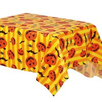 Halloween/horror thema feest tafelkleed - 2x - pompoenen/vleermuizen - geel - PVC - 130 x 175 cm - thumbnail