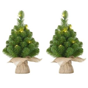 2x Mini kunst kerstboom met 15 LED lampjes 60 cm - Kunstkerstboom