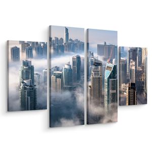 Schilderij - Panorama van Dubai in de mist, 4 luik, prachtige premium print