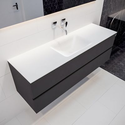 Mondiaz Vica Cloud badmeubel antraciet mat 150 cm 2 lades solid surface enkele spoelbak midden zonder kraangat