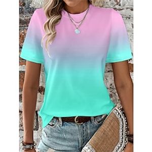 Dames T-shirt Ombre Afdrukken Dagelijks Vakantie Uitgaan Modieus Korte mouw Ronde hals Geel Zomer Lightinthebox