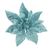 1x stuks decoratie bloemen kerstster ijsblauw glitter op clip 15 cm