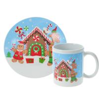 Kerst servies setje - bordjes, beker - 2-delig - blauw met kersthuis - voor kinderen
