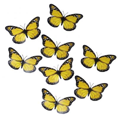 Gerimport Decoratie / hobby vlinders - 8x stuks - geel - op clip - 12 x 6 cm - kunststof - knutselen