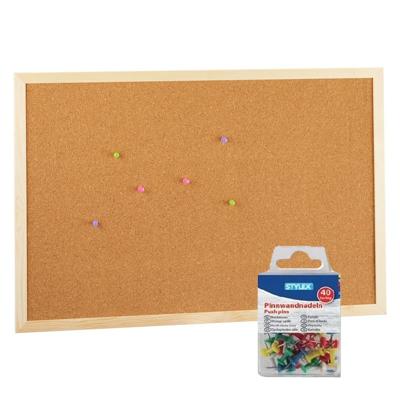 Prikbord/memobord - naturel kurk - inclusief 40x gekleurde punaises - formaat 60 x 40 cm