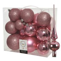 Set van 26x stuks kunststof kerstballen incl. glazen piek glans lippenstift roze - thumbnail