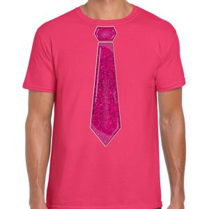 Verkleed t-shirt voor heren - stropdas glitter roze - roze - carnaval - foute party