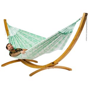 Familie hangmat met houten standaard - 400x180cm - Groen - 200kg draagkracht- 100% katoen - binnen & buiten