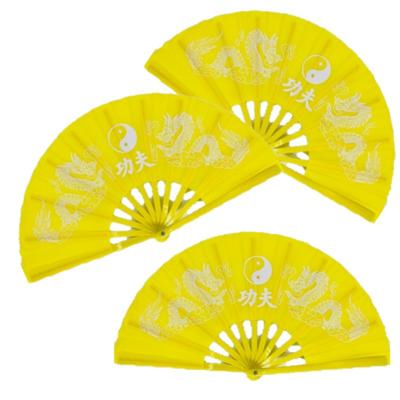 3x stuks handwaaiers/Tai Chi waaiers Yin Yang geel polyester