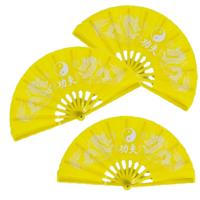 3x stuks handwaaiers/Tai Chi waaiers Yin Yang geel polyester