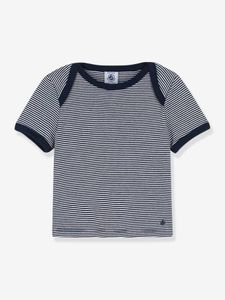 Gestreept t-shirt baby milleraies korte mouwen PETIT BATEAU in biokatoen marineblauw gestreept wit