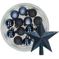 Decoris 14x stuks kerstballen 3 cm met ster piek donkerblauw kunststof - thumbnail