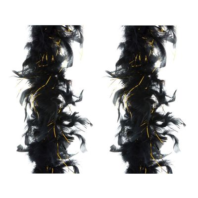 2x stuks carnaval verkleed veren Boa kleur zwart met goud 2 meter
