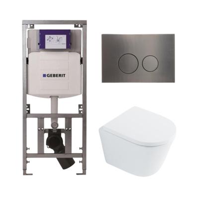 QeramiQ Dely Toiletset - 36.3x51.7cm - diepspoel - rimless - Geberit UP320 Burda inbouwreservoir - softclose toilet zitting 35 mm - gunmetal bedieningsplaat - ronde knoppen - wit glans SW1026255 / SW1159505/0701131/SW706198