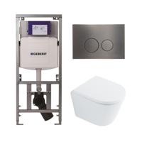 QeramiQ Dely Toiletset - 36.3x51.7cm - diepspoel - rimless - Geberit UP320 Burda inbouwreservoir - softclose toilet zitting 35 mm - gunmetal bedieningsplaat - ronde knoppen - wit glans SW1026255 / SW1159505/0701131/SW706198