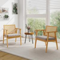 Set van 2 Moderne Accentstoelen Comfortabele Fauteuils in de Woonkamer met Ademende Rotan Rugleuning en Afneembaar Zitkussen