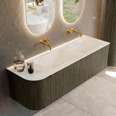 Badmeubel Mondiaz Kurve-Dlux | 145 cm cm | Meubelkleur Shadow | Wastafelkleur Ostra | Solid surface | Dubbel / Rechts spoelbak | Zonder kraangat(en)